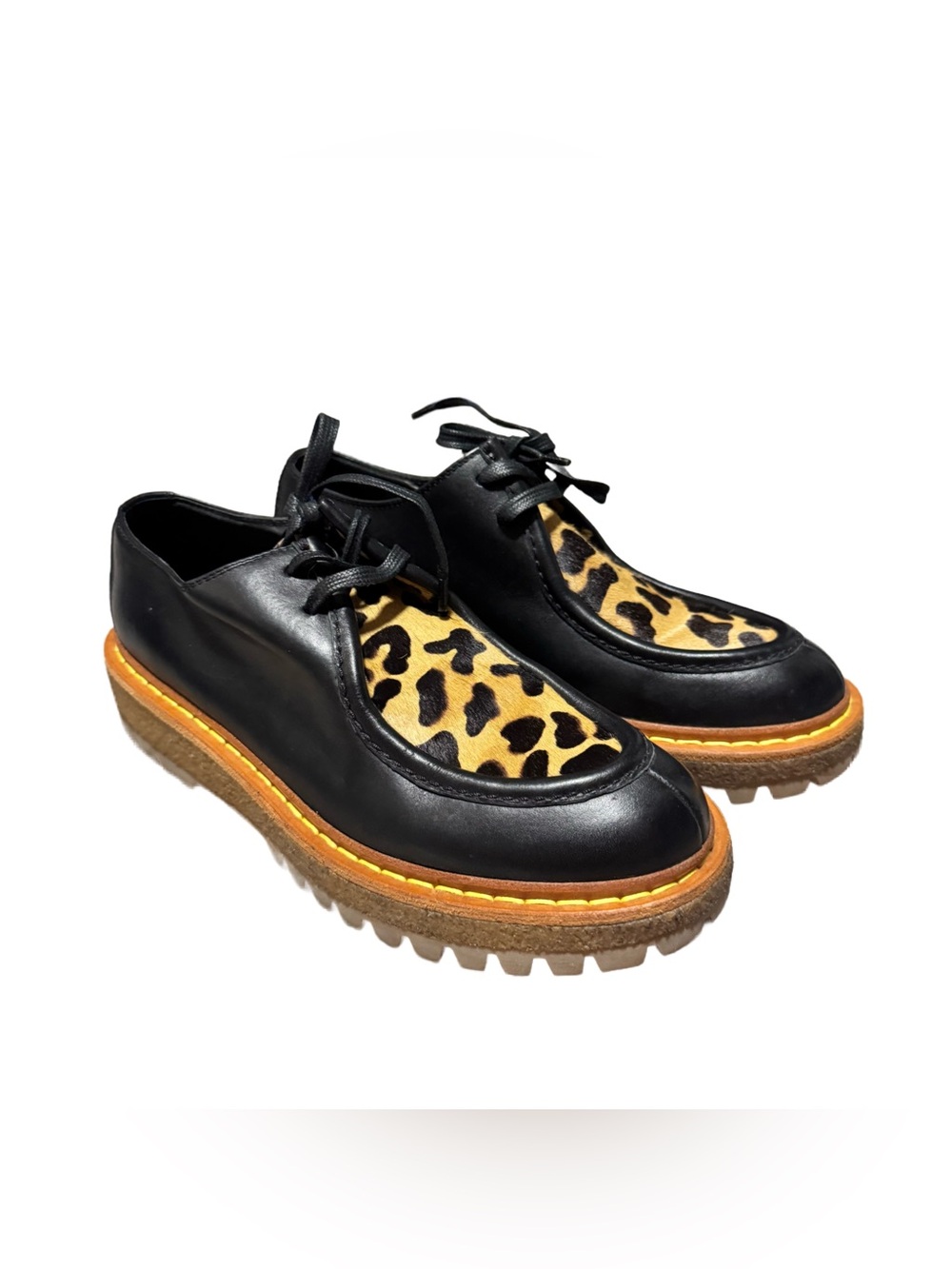 Car Shoe Prada Platform Derby Loafers Womens 37/ 6.5 Leopard Print Black Leather